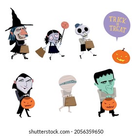 Halloween characters. Monster cartoon. Greeting card. Trick or treat .Flat vectors for banner