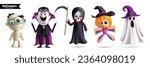 Halloween characters monsters vector set design. Halloween character like ghost, vampire, grim reaper and mummy mascot party collection isolated in white background. Vector illustration spooky.