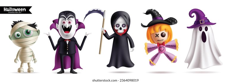 Caracteres de Halloween monstruos diseño de conjunto de vectores. Personajes de Halloween como fantasma, vampiro, pañuelo oscuro y colección de fiestas de mascotas de momia aislados en fondo blanco. Ilustración vectorial espeluznante.