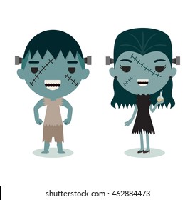 halloween characters, Mr. and Mrs. Frankenstein on white background