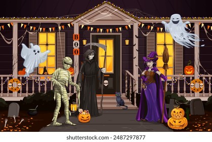 Halloween characters near holiday door porch. Ghoulish eerie mummy, grim reaper, witch, creepy ghost and black cat haunt a house yard adorned with spooky decor, for a night of frightful festivities