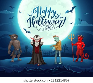 Halloween characters. Night holiday landscape. Angry werewolf, scary Dracula vampire and creepy zombie, evil devil or hell demon with trident on night cemetery. Halloween celebration vector background