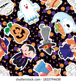 HALLOWEEN CHARACTERS ON BLACK BACKGROUND AND COLOR POINTS PATTERN, GHOST, PUMPKIN, BLACK CAT, VAMPIRE, MUMMY, WITCH, SCARECROW