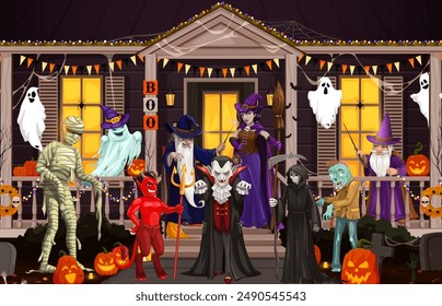 Personajes de Halloween en el porche de la puerta de vacaciones. Una escena espeluznante con fantasmagóricos faroles, momia, vampiro y bruja, mago, zombi, diablo y fantasmas reunidos para una emocionante celebración de la noche de horror