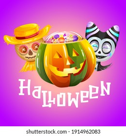 halloween characters on purple background