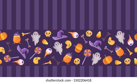 Halloween characters on a striped background. Ghosts, hats and pumpkins, seamless childish pattern, frame
