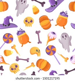 Halloween characters on a white background. Ghosts, hats and pumpkins, seamless childish pattern