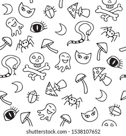 Halloween characters on white background. Holiday vector illustration. Hand drawn style. Seamless pattern for wallpaper, banner, fabric, wrapping paper.