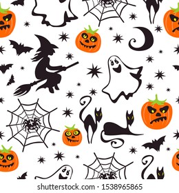 Halloween characters on white background. Seamless pattern. Vector illustration.  Design element for banner, wallpaper, wrapping paper, fabric.