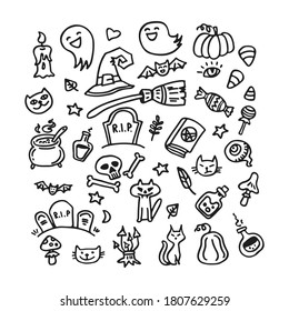 Halloween characters on white background. Hand drawn. Doodle style. Vector illustration.  Design element for coloring book, stisker, magnet, leaflet, poster, booklet.