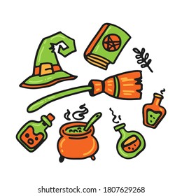 Halloween characters on white background. Hand drawn. Doodle style. Vector illustration.  Design element for coloring book, stisker, magnet, leaflet, poster, booklet.