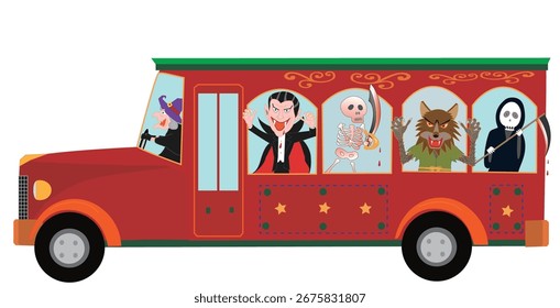 Personagens de Halloween desfilando em um ônibus retrô.