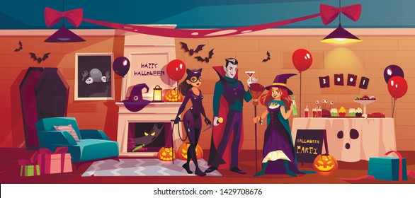 Halloween characters in party decorated interior, vampire, witch and cat woman in scary room with fireplace, pumpkins, friends celebrating happy holiday, table with treat. Cartoon vector illustration