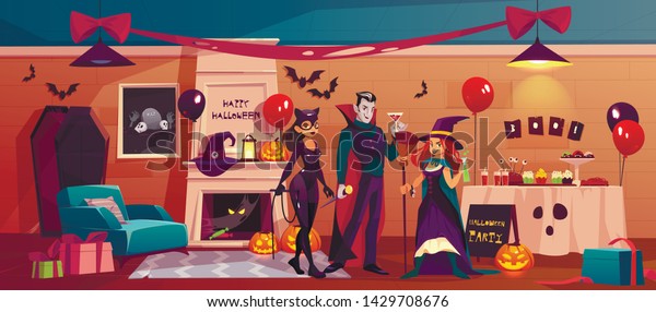 パーティーのハロウィーンキャラクターで 室内装飾のハロウィーンキャラクター 吸血鬼 魔女 怖い 部屋に暖炉付き カボチャ 幸せな休日を祝う友達 おごりと一緒に食事をする 漫画のベクターイラスト のベクター画像素材 ロイヤリティフリー