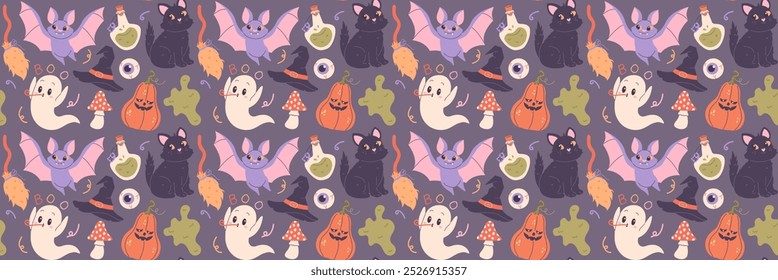 Halloween characters pattern. October holidays repeating background. 