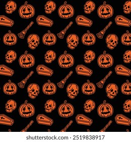 Halloween Characters Pattern with Orange Color Palette for Merchandise Tshirts Web and Print Design