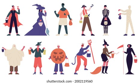 Halloween characters. People in halloween costumes, witch, ghost and mummy costumes for carnival party vector illustration set. Halloween spooky. Character halloween people in costume to holiday