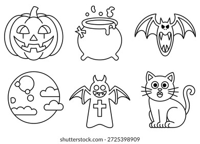 Halloween characters pumpkin cauldron bat moon cat