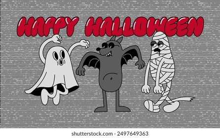 Halloween Characters in Retro Style. Vector Horror Illustration. Spooky Ghost, Bat and Mummy with Doodle Text. Retro Tv Effect