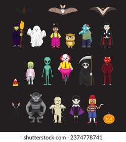 Halloween Characters Set Bats Monster Evil Cartoon Vector