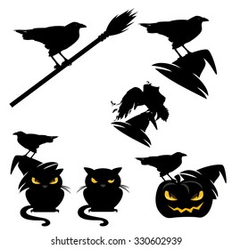 halloween characters set - cats and ravens vector  silhouettes
