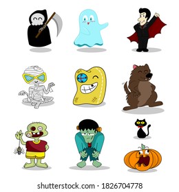 Halloween characters set. Flat scary cartoon elements.