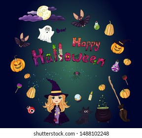 Halloween characters set. Happy Halloween text, monster liters logo. Colorful hand drawn halloween icons pack. Little wizard girl, cat, wizard hat, potion, magic bottles, bat, ghost, moon, pumpkins.