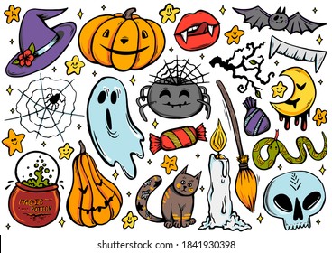 Halloween characters set isolated on white background in pop art comic style. Cut out Halloween stickers on white background.