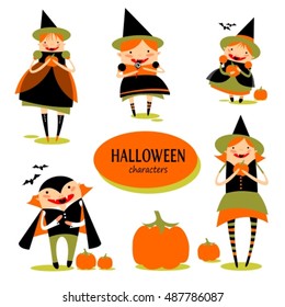 Halloween characters set isolated on white background. Witch and vampire Halloween costume. Design elements for flyers and banners.