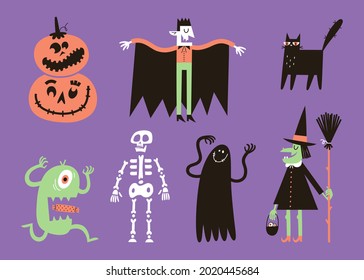 Halloween characters set in simple hand drawn style. Vector illustration