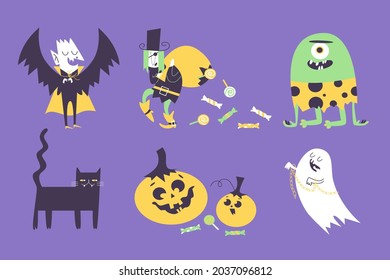 Halloween-Charaktere setzen sich in einem handgezeichneten Stil zusammen. Dracula, Monster, Kürbis, Katze, Geist, Süßigkeiten, Piraten. Vektorgrafik