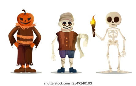 Conjunto de caracteres de Halloween. Esqueleto com tocha, zumbi e Jack o tarde. Feriado internacional do medo e do horror. Monstro e demônio. Coleção de vetores planos isolada no plano de fundo branco