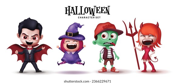 Halloween characters set vector design. Halloween character collection like vampire, witch, zombie and demon trick or treat party costume elements. Vector illustration horror characters collection.
