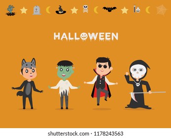 Halloween characters set: witch, Dracula, ghost, Frankenstein, and wolf ,vector illustration
