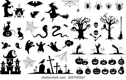 Halloween characters silhouettes and icons set. Scary ghosts, zombies, witches and scary animals. Magical collection for party, celebration, template and decoration. Isolated. Vector illustration