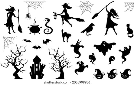 Halloween characters silhouettes and icons set. Scary ghosts, zombies, witches and scary animals. Magical collection for party, celebration, template and decoration. Isolated. Vector