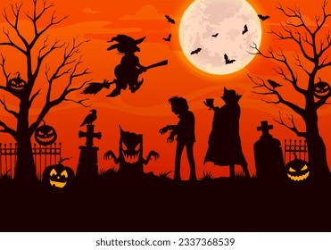 Halloween characters silhouettes on cemetery. Night graveyard landscape with zombie, vampire, flying witch and pumpkins. Vector background with tombs, scary trees and bats under moon in orange sky