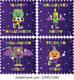 Halloween characters sticker pack. Halloween character set in cartoon comic style. Halloween Badges, Label, Stamp and Postage. Halloween character with different emotions and face expressions.