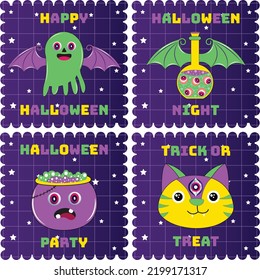 Halloween characters sticker pack. Halloween character set in cartoon comic style. Halloween Badges, Label, Stamp and Postage. Halloween character with different emotions and face expressions.
