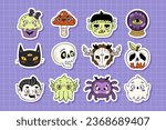 Halloween characters sticker pack, collection of cute Hallloween kawaii pins