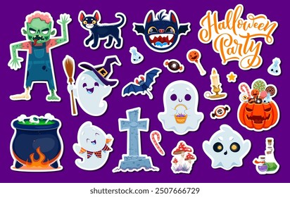 Aufkleber Set für Halloween-Figuren. Cartoon Vektor niedliche Tiere, Kawaii Geister, lustige Hexenartikel und Feiertage Süßigkeiten. Zombie und Kerze, Kessel, Bonbons, Fledermaus und schwarze Katze, Amanita, Trank, Grab