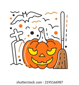 Halloween characters textured concept design. Jack lantern and traditional holiday symbols. Pumpkin with evil smiling face with grave, bat and broom in cemetery. Hand drawn flat vector illustration