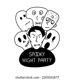 Halloween characters vampire, monster, ghost, zombie and skull and phrase SPOOKY NIGHT PARTY.  Vector illustration creepy avata on 31 October.