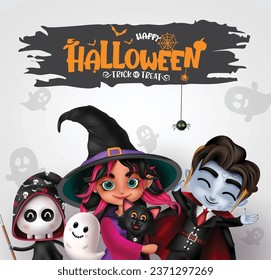 Halloween characters vector design. Happy halloween and trick or treat greeting text with cute witch girl, friendly vampire and grim reaper characters. Vector illustration horror and scary invitation 