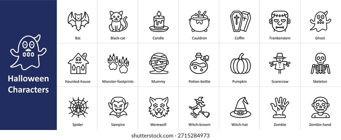Conjunto de iconos de Vector de personajes de Halloween con conceptos de monstruo, espeluznante y celebración