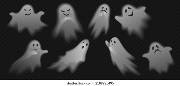 Halloween characters vector illustration. Cute scary ghosts phantoms on transparent alpha background set.