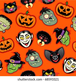 Halloween Characters vector pattern in orange background