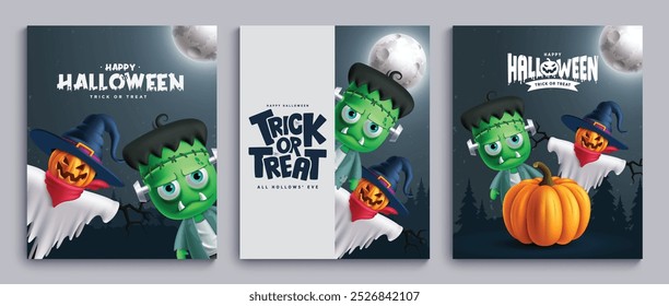 Diseño de conjunto de póster de Vector de personajes de Halloween. Feliz truco de halloween o texto de saludo de regalo con personajes de zombis y cuervos de miedo en la noche de luna llena colección de miedo. Ilustración vectorial