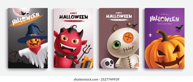 Halloween characters vector poster set design. Happy halloween greeting card collection with scarecrow, devil, monster, mummy and pumpkin characters collection. Vector illustration 