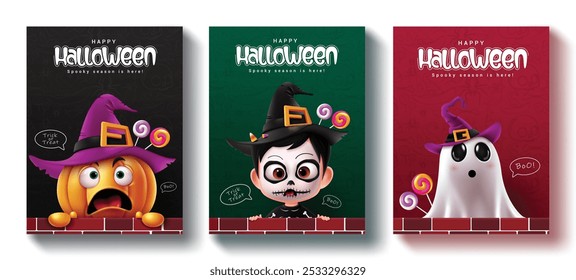 Cartaz vetorial de personagens de Halloween conjunto design. Feliz texto de saudação de halloween com abóboras, feiticeiro e personagens fantasmas para férias temporada convite cartão modelo coleção. Vetor